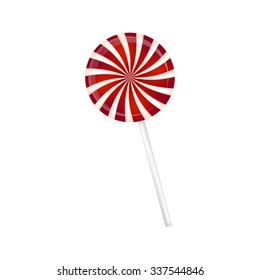 Lollipop striped in Christmas colours. Spiral sweet candy with red and white stripes. Vector illustration isolated on a white background.