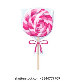 Lollipop, sucker candy on stick in plastic wrapper. Hard sugar caramel with pink spiral stripes, sweet twisted candy in transparent package with bow, vector cartoon illustration isolated on white