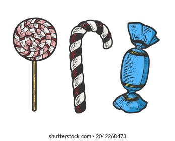 Lollipop sugar candies set color sketch engraving vector illustration. T-shirt apparel print design. Scratch board imitation. Black and white hand drawn image.
