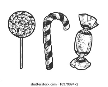 Lollipop sugar candies set sketch engraving vector illustration. T-shirt apparel print design. Scratch board imitation. Black and white hand drawn image.