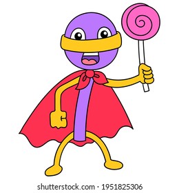 lollipop superhero carrying candy, vector illustration art. doodle icon image kawaii.