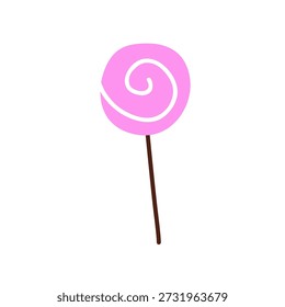 Pirulito, doce doce redondo no pau. Redemoinho de açúcar, sobremesa de pirulito. Lanche de confeitaria. Círculo lolly pop caramelo, ícone de comida gostosa. Ilustração de vetor plano isolada no plano de fundo branco