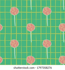 Patrón sin soldadura dulce Lollipop. Siluetas sobrias y dulces de color rosa sobre fondo verde con cheque. Perfecto para papel pintado, textil, papel envolvente, impresión de tela. Ilustración vectorial.