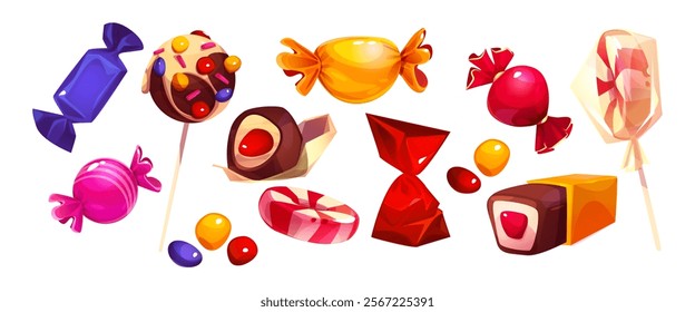 Lollipop sweets with glossy wrappers set - decorated chocolate candies, elly beans, striped peppermint circles, wrapped caramels, crystalline sugar sticks. Colorful confectionery items for shop design