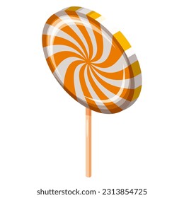 Lollipop Swirl Candy Spiral Isometric. Sweet spiral striped caramel, on stick, vector cartoon style