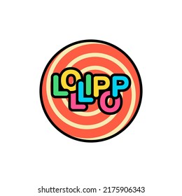 Lollipop text logo with big round candy. Colorful template and design. Vector illustration and drawing.