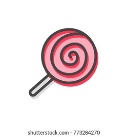 Lollipop traditional Christmas candy made of caramel of red color, stripes and print on it, treat on stick, vector illustration isolated on white