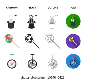 Lollipop, trained seal, snack on wheels, monocycle.Circus set collection icons in cartoon,black,outline,flat style vector symbol stock illustration web.