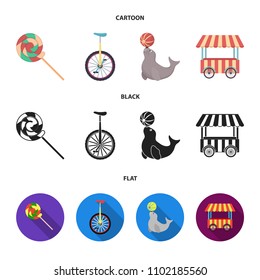 Lollipop, trained seal, snack on wheels, monocycle.Circus set collection icons in cartoon,black,flat style vector symbol stock illustration web.