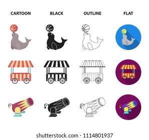 Lollipop, trained seal, snack on wheels, monocycle.Circus set collection icons in cartoon,black,outline,flat style vector symbol stock illustration web.