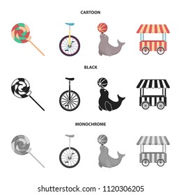 Lollipop, trained seal, snack on wheels, monocycle.Circus set collection icons in cartoon,black,monochrome style vector symbol stock illustration web.