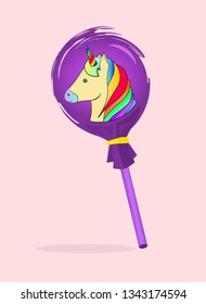 Lollipop with unicorn on a pink background. Graphic illustration. Perfect for children's art projects, postcards and other printed materials.