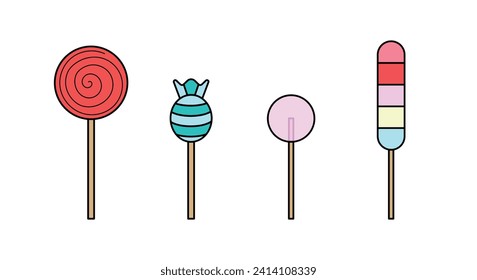 Lollipop vector icon. Flat colorful set of sweets logo with lines. Candies in thin style. 