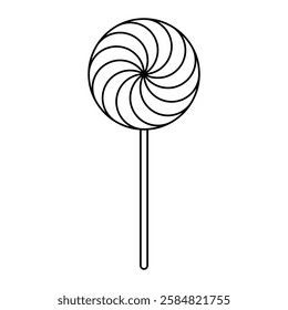 Lollipop vector icon. Spiral swirl candy on a stick. Black outline illustration isolated on white background.