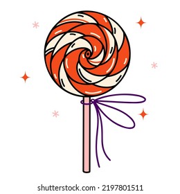 Lollipop vector icon. Sweet striped candy on a stick. Big round caramel decorated with ribbon, isolated on white. Tasty dessert made from sugar, fruits. Flat cartoon clipart for print, logo, web