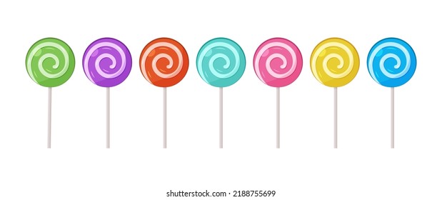 Lollipop vector icon, swirl and spiral candy on stick. Cartoon sweet set isolated on white background. Colorful illustration