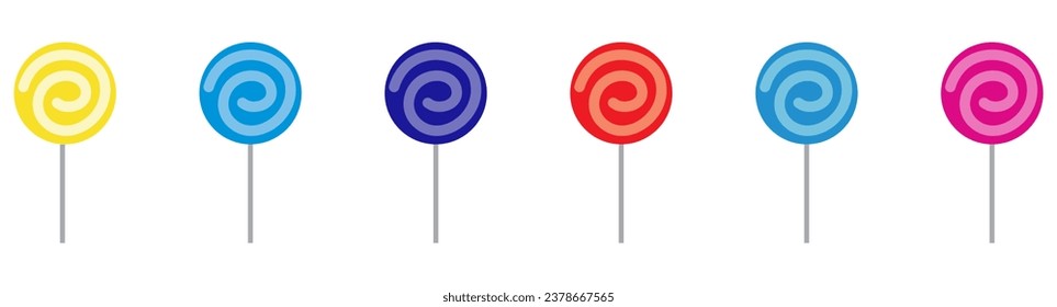 Lollipop vector icon, swirl and spiral candy on stick. Cartoon sweet set isolated on white background. Colorful illustration.