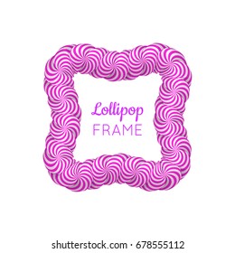 Lollipop violet frame. Sweet candy poster, wall, photo decoration, to capture every memory. Realistic vector illustration on white background