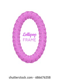 Lollipop violet frame. Sweet candy poster, wall, photo decoration, to capture every memory. Realistic vector illustration on white background