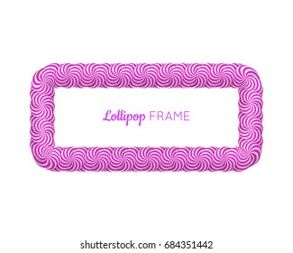 Lollipop violet rectangle frame. Candy design for photo album and scrapbook to store favorite memories and pictures. Realistic vector illustration on white background