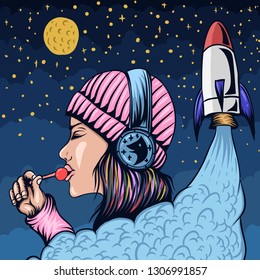 lollipop woman rocket vector illustration
