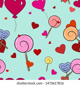 Lollipops, balloons and hearts Seamless Pattern. Love background. Vector illustration.