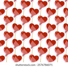 Lollipops candies in the shape of a heart on sticks. Valentine's day, feb 14, festive seamless pattern. Vector background