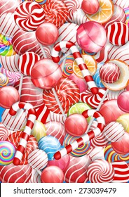 Lollipops. candies and sweets, bright colorful mostly red color vector  background