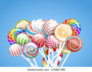 Lollipops. candies and sweets on a blue background, vector illustration