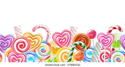 Lollipops Candy Border. Hard Candies On Stick. Seamless Horizontal Background.