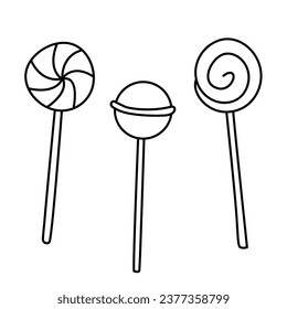 Lollipops candy set hand drawn doodle vector illustration black outline. Great for coloring and greeting cards.	