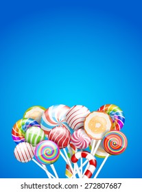 Lollipops, candys and sweets   background. Vector illustration, a4-a5 standard proportion. 