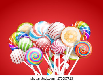 Lollipops, candys and sweets   background. Vector illustration, a4-a5 standard proportion. 