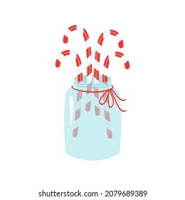 Caña de ollipops con rayas rojas y blancas en un frasco de vidrio, con trenzas rojas. Ilustración vectorial navideña de dulces, confitería