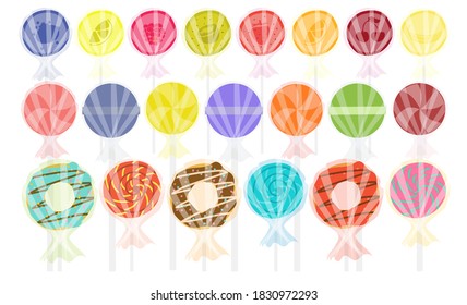 Lollipops, caramel, and donuts on a white background. 