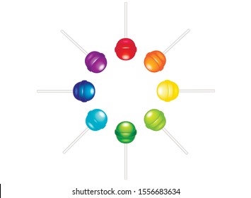 Lollipops, caramel on a stick arranged in a circle. A set of bright shiny candies in all colors of the rainbow: red, orange, yellow, light green, green, sky blue, blue and purple. Colorful candies 