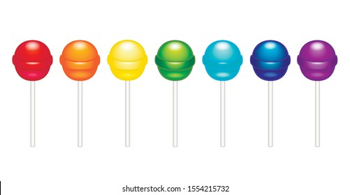 Lollipops, caramel on a stick. A set of bright shiny lollipops of all colors of the rainbow: red, orange, yellow, green, turquoise, blue and purple. Colorful candies - sweet rainbow - vector