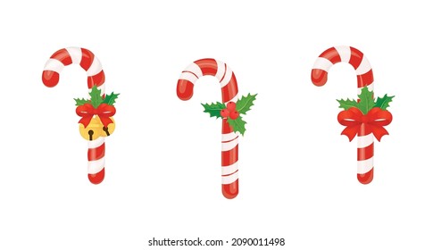 Lollipops with Christmas decorations. Decorative Christmas candies for design. Festive striped lollipop is a symbol of winter holidays. Vector illustration. Isolated on a white background.