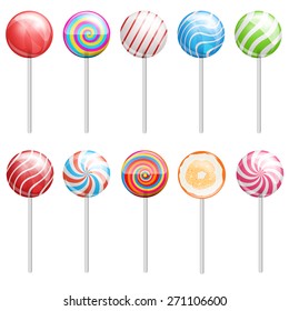 Lollipops collection. Candy on stick with different designs. Vector illustration