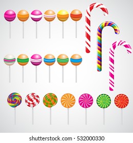 Lollipops collection isolated on white background.Candy on stick with twisted design.Colorful sweets icons set - candy cane marshmallow spiral  swirl lollipop, round lollipop.Vector illustration.