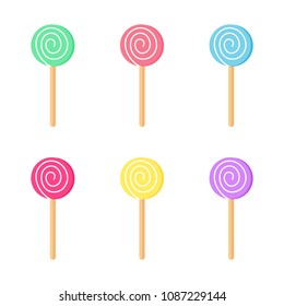 Lollipops color set. Candy on stick with twisted design. Vector illustration.