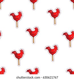 Lollipops. The cute candy cocks. Vector seamless pattern with hand drawn funny stickers in 80s-90s cartoon style.