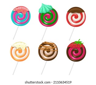 Diseño del conjunto vectorial de postres de Lollipops. Colección de caramelos de chupete con toallitas de sabor, rociaduras y chocolate aislados en fondo blanco para los niños cumpleaños y postre de ocasión. Ilustración vectorial.