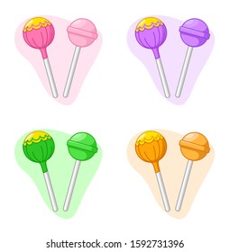 Lollipops of different taste and color. Round candy on a stick. Vector modern illustration in flat style isolated on white background