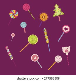 Lollipops flat illustration for holiday design. Sweetie elements set. Love concept. Vector sweet illustrations. Bright sweet color. Top view. Sweet Dessert. Candy drawings.