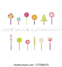 Lollipops flat illustration for holiday design. Sweetie elements set. Love concept. Vector sweet illustrations. Bright sweet color. Top view. Sweet Dessert. Candy drawings.