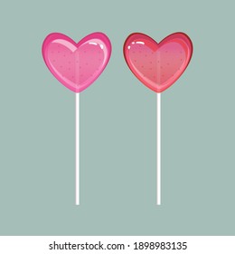 lollipops in the form of hearts in pink and red close-up. Vector sweets, candy isolated on a pastel background.