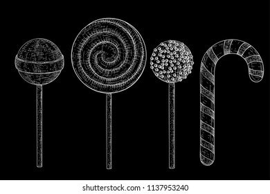 Lollipops. Hand drawn sketch on black background. Vector illustration