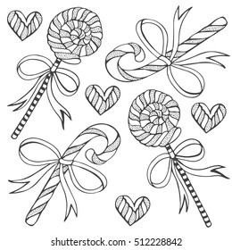 Lollipops hand drawn vector illustration. Sweet Christmas candies doodle set, romantic vintage background for print, poster.