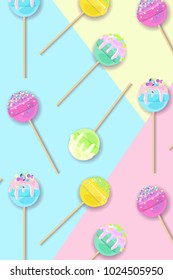 Lollipops on pastel background in flat style design. Fashion trendy background with candy, minimalism concept. Cake pops pattern vector illustration for a poster, cards, background.